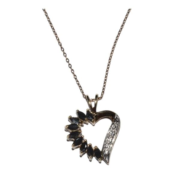 Black Sapphire Diamond Heart Pendant Necklace 18in Chain GP 925 Sterling Silver - Picture 3 of 6